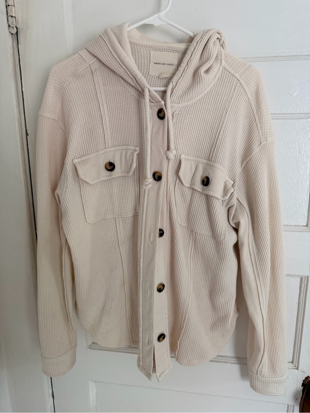 American Eagle Outfitters Cream Button-Front Waffle Knit Hoodie